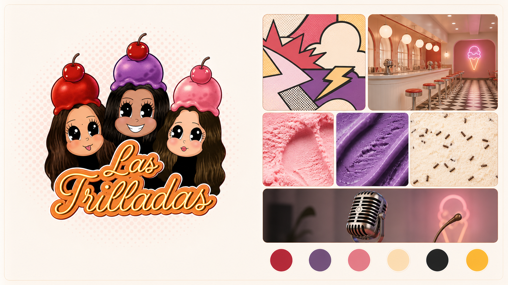 Moodboard de Las Trilladas inspirado en caricaturas ochenteras, heladerías retro, sabores y producción de podcast