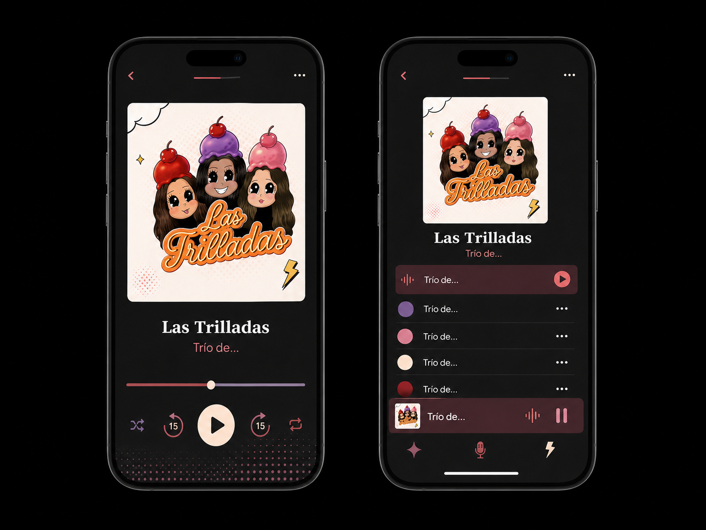 Interfaz conceptual del podcast Las Trilladas en dos teléfonos