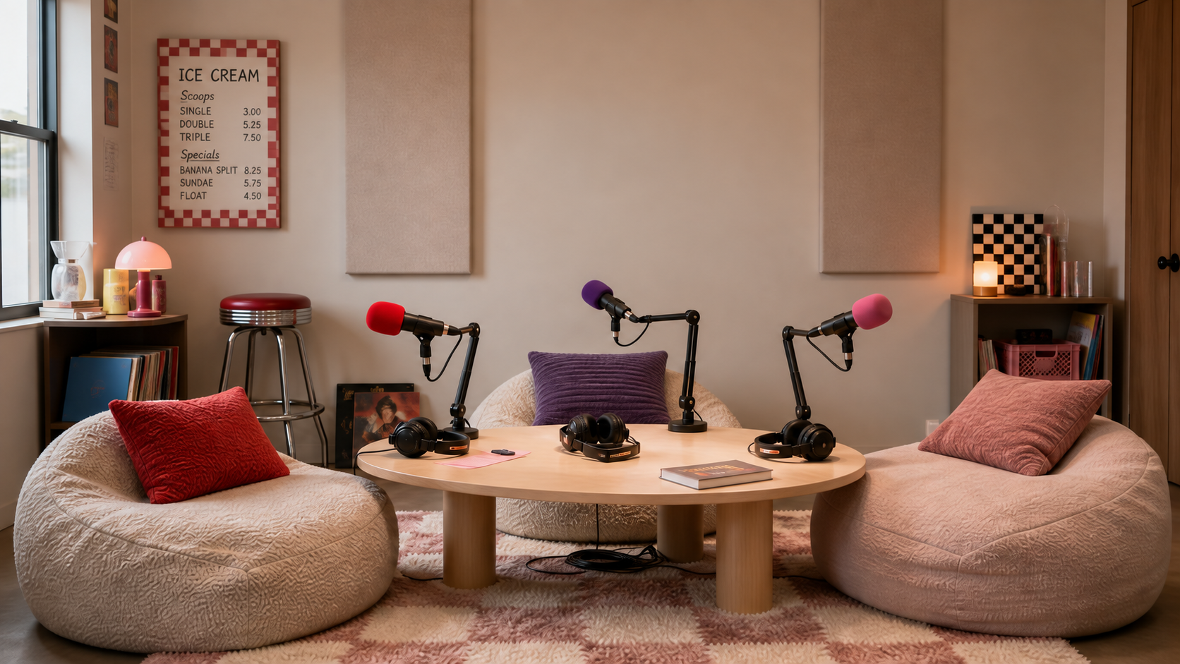 Propuesta realista de escenografía juvenil para Las Trilladas con puffs neutros y acentos rojo, morado y rosa